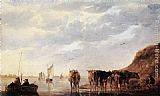 Aelbert Cuyp Canvas Paintings - Herdsman with Five Cows by a River